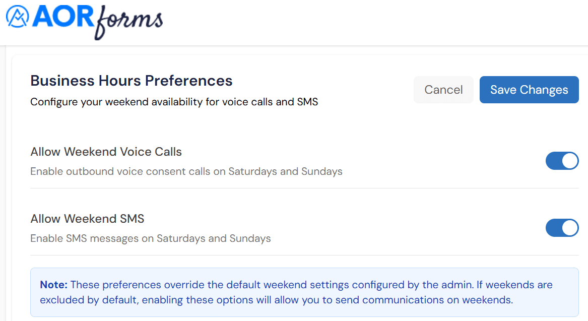 AORForms SMS scheduling controls